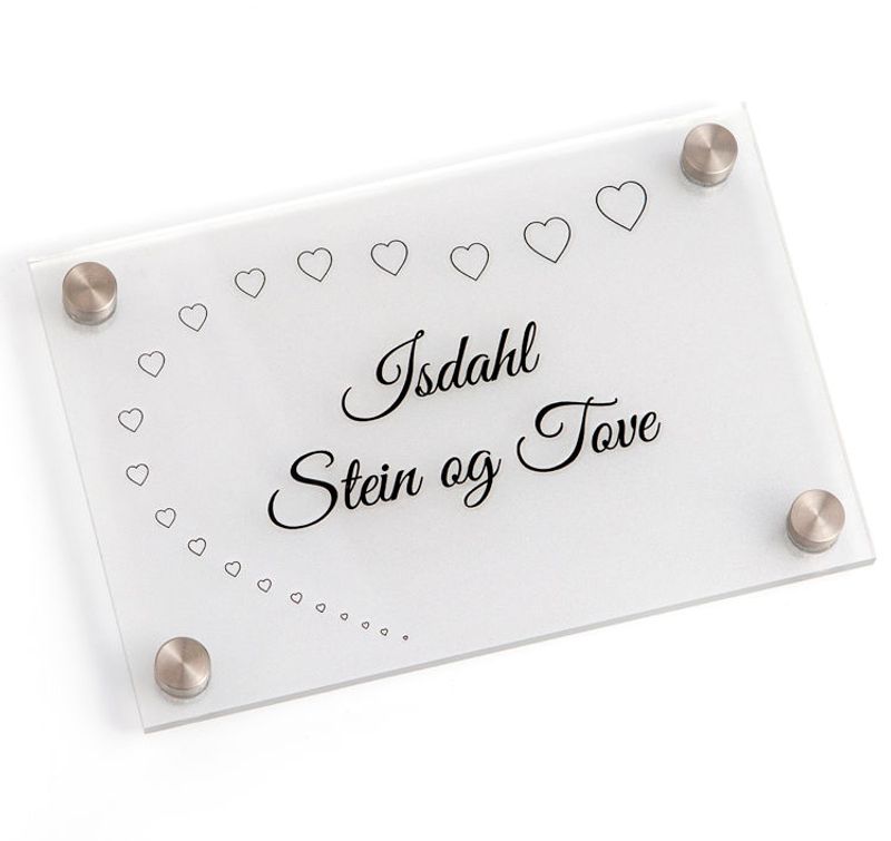 Akrylskilt med frostet bakside & stål pynteknotter 9x13,5 cm