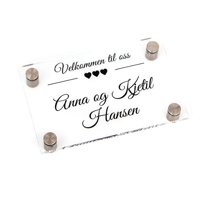 Dørskilt i klar akryl med avstandsstykker i stål    11x17 cm